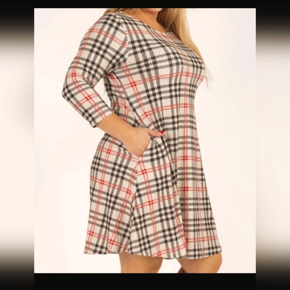 Women's Plaid 3/4 Sleeve Dress with Pockets XL